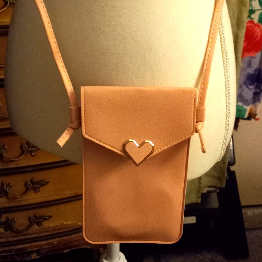 New,pink heart accent closure crossbody wallet case&touch screen cellphone purse